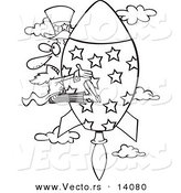 Vector of a Cartoon Black and White Outline Design of Uncle Sam Shooting Upwards on a Rocket - Coloring Page Outline by Toonaday