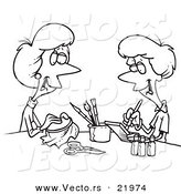 Vector of a Cartoon Black and White Outline Design of Women Doing Crafts - Outlined Coloring Page by Toonaday