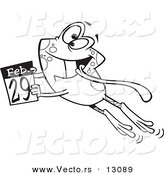 Vector of a Cartoon Black and White Outline Leap Day Frog Jumping with a February 29th Calendar - Outlined Coloring Page by Toonaday