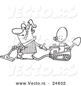 Vector of a Cartoon Black and White Outline Male Inventor Introducing His Five in One Machine - Outlined Coloring Page by Toonaday