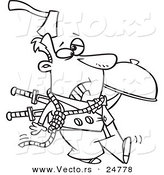 Vector of a Cartoon Black and White Outline Murder Mystery Server Man with an Axe in His Head and Knives in His Back - Outlined Coloring Page by Toonaday