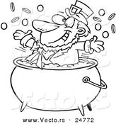 Vector of a Cartoon Black and White Outline St Patricks Leprechaun Playing in a Pot of Gold - Outlined Coloring Page by Toonaday
