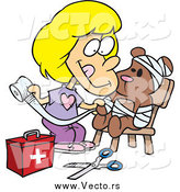 Vector of a Cartoon Blond White Girl Bandaging up Her Teddy Bear by Toonaday