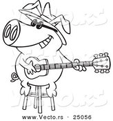 Vector of a Cartoon Blues Pig Musician Playing a Guitar - Outlined Coloring Page by Toonaday