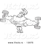 Vector of a Cartoon Bodybuilder Wearing a Look at Me Shirt and Lifting Weights - Coloring Page Outline by Toonaday