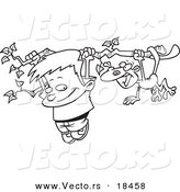 Vector of a Cartoon Boy and a Monkey Hanging from a Tree Branch - Outlined Coloring Page by Toonaday