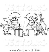 Vector of a Cartoon Boy and Girl Opening Christmas Gifts - Outlined Coloring Page by Toonaday