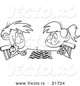 Vector of a Cartoon Boy and Girl Playing Chess - Outlined Coloring Page by Toonaday