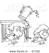 Vector of a Cartoon Boy and Girl Running and Knocking over a Coffee Pot - Outlined Coloring Page by Toonaday