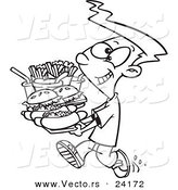 Vector of a Cartoon Boy Carrying a Heavy Fast Food Tray - Coloring Page Outline by Toonaday