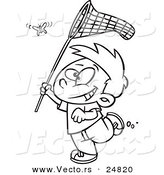 Vector of a Cartoon Boy Chasing a Butterlfy with a Net - Outlined Coloring Page by Toonaday