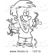 Vector of a Cartoon Boy Collecting Worms - Coloring Page Outline by Toonaday