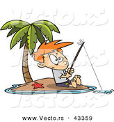 Vector of a Cartoon Boy Fishing by Himself on a Lonely Tropical Island by Toonaday