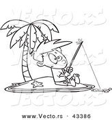 Vector of a Cartoon Boy Fishing by Himself on an Island - Coloring Page Outline by Toonaday