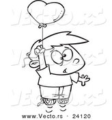 Vector of a Cartoon Boy Floating with a Love Risk Heart Balloon - Coloring Page Outline by Toonaday