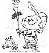 Vector of a Cartoon Boy Holding a Burnt Weenie over a Fire - Outlined Coloring Page by Toonaday