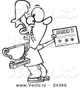 Vector of a Cartoon Boy Holding a Trophy and Certificate - Outlined Coloring Page by Toonaday