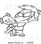 Vector of a Cartoon Boy Hugging His Mangled Teddy Bear - Outlined Coloring Page by Toonaday