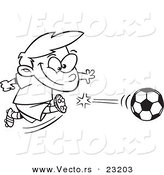 Vector of a Cartoon Boy Kicking a Soccer Ball - Coloring Page Outline by Toonaday