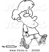 Vector of a Cartoon Boy Leaving Muddy Footprints - Coloring Page Outline by Toonaday