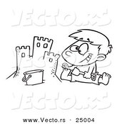 Vector of a Cartoon Boy Making a Sand Castle on a Beach - Outlined Coloring Page by Toonaday