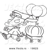 Vector of a Cartoon Boy Pulling a Pumpkin in a Wagon - Outlined Coloring Page by Toonaday