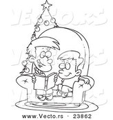 Vector of a Cartoon Boy Reading a Christmas Story to His Little Brother - Coloring Page Outline by Toonaday