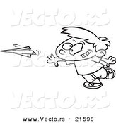 Vector of a Cartoon Boy Throwing a Paper Plane - Outlined Coloring Page by Toonaday