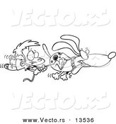 Vector of a Cartoon Boy Trailing After a Dog on a Leash - Coloring Page Outline by Toonaday