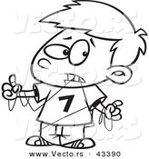Vector of a Cartoon Boy Trying His Hardest to Dental Floss - Coloring Page Outline by Toonaday