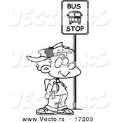 Vector of a Cartoon Boy Waiting at a School Bus Stop - Coloring Page Outline by Toonaday