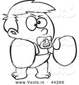 Vector of a Cartoon Boy Wearing Boxing Gloves and Sucking a Pacifier - Coloring Page Outline by Toonaday