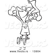 Vector of a Cartoon Breast Cancer Survivor Jumping with Boxing Gloves - Coloring Page Outline by Toonaday