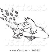 Vector of a Cartoon Breeze Blowing More Leaves on the Ground for a Boy to Rake up - Coloring Page Outline by Toonaday