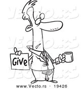 Vector of a Cartoon Broke Businessman Holding a Cup and Give Sign - Outlined Coloring Page by Toonaday