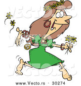 Vector of a Cartoon Brunette White Hippie Woman Running with Flowers by Toonaday