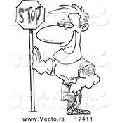 Vector of a Cartoon Buff Man Leaning Against a Stop Sign - Coloring Page Outline by Toonaday