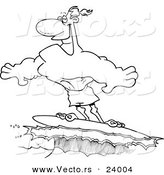 Vector of a Cartoon Buff Surfer Riding a Wave - Coloring Page Outline by Toonaday