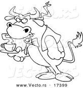Vector of a Cartoon Bull Waiter Serving Coffee - Coloring Page Outline by Toonaday