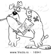 Vector of a Cartoon Bulldog Carrying a Beware of Dog Sign - Coloring Page Outline by Toonaday