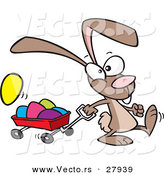 Vector of a Cartoon Bunny Rabbit Pulling a Red Wagon Full of Painted Easter Eggs by Toonaday