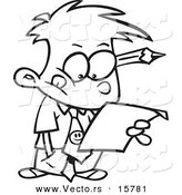 Vector of a Cartoon Business Boy Analyzing a Document - Outlined Coloring Page Drawing by Toonaday