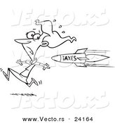 Vector of a Cartoon Business Woman Running from a Tax Rocket - Coloring Page Outline by Toonaday