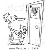Vector of a Cartoon Businessman at a Door with a Keep out Sign - Coloring Page Outline by Toonaday
