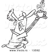 Vector of a Cartoon Businessman Holding Coffee up to Whom He Worships - Coloring Page Outline by Toonaday