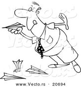 Vector of a Cartoon Businessman Playing with Paper Planes - Coloring Page Outline by Toonaday