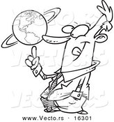 Vector of a Cartoon Businessman Spinning a Globe - Outlined Coloring Page Drawing by Toonaday