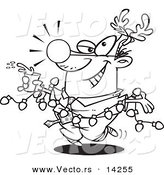 Vector of a Cartoon Businessman Wearing Antlers and Holding a Drink While Draped in Christmas Lights - Coloring Page Outline by Toonaday