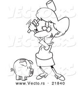 Vector of a Cartoon Businesswoman Breaking a Piggy Bank - Outlined Coloring Page by Toonaday