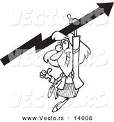 Vector of a Cartoon Businesswoman Holding a Thumb up and Hanging from an Upward Arrow - Coloring Page Outline by Toonaday